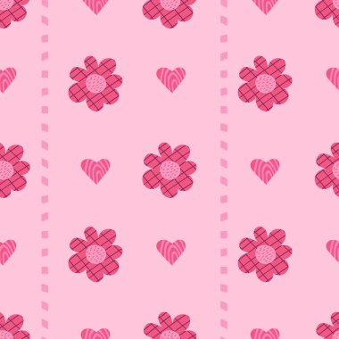 Pembe, modaya uygun, pürüzsüz desen. Dekoratif minimalist çiçekler ve pembe arka planda kalpler. Vektör çizimi. tasarım, tekstil, duvar kağıdı, ambalaj için pembe estetik barbiekor