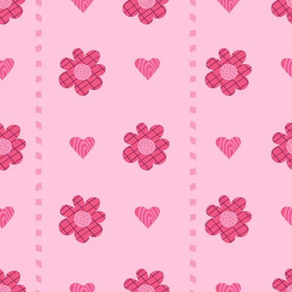 Pinkfarbenes Trendiges Nahtloses Muster Dekorative Minimalistische Blumen Und Herzen Auf — Stockvektor
