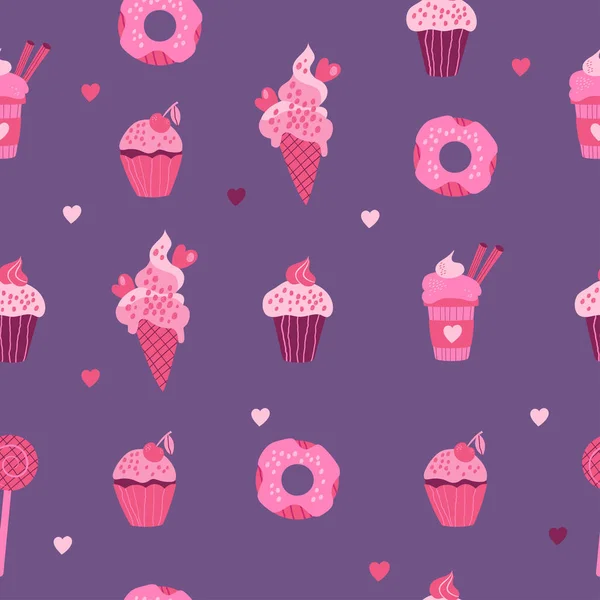 甘い食べ物とレトロなトレンディなピンクのシームレスなパターン アイスクリーム ドーナツ カップケーキ ブラウニー クリーミーなデザート 紫色の背景にロリポップ デザイン 包装のためのベクトルイラスト — ストックベクタ