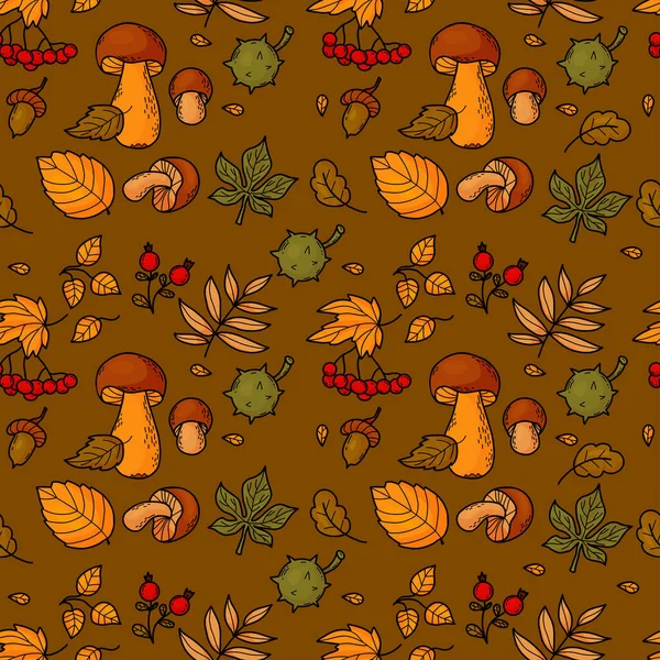 シームレスな秋のパターン フォレストキノコ ベリー バンズローワン コーン チェストナット 紅葉の背景 カラー落書き手描きスタイルのベクトルイラスト — ストックベクタ