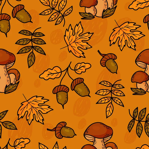 森の秋のシームレスなパターン キノコとオレンジ色の背景に秋の葉が付いているコーン ベクトルのイラスト デザイン 織物のための多彩な秋の背景 — ストックベクタ