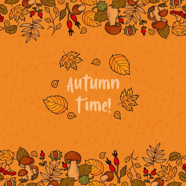 Autumn Time Seamless Square Border Banner Wild Berries Forest Mushrooms — Stock Vector