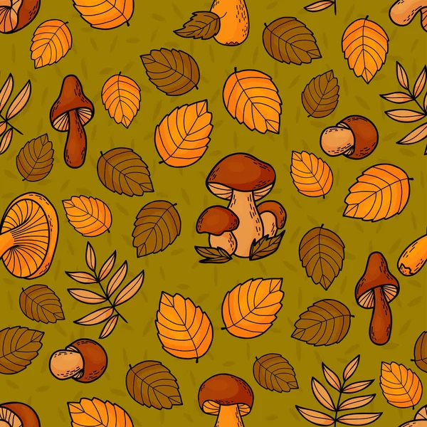 フォレストキノコ シームレスな秋のパターン カラフルな紅葉の緑の背景に食用真菌 ベクトルイラスト — ストックベクタ