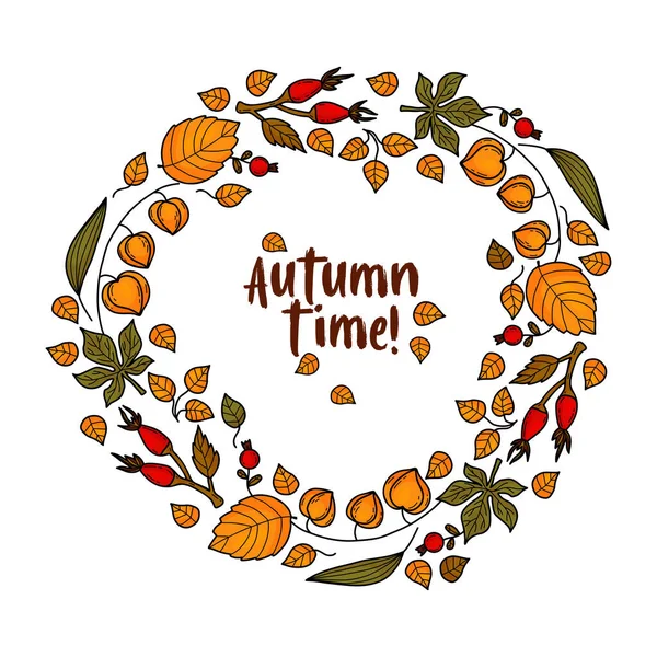 Hallo Herbst Herbstlicher Vignettenrahmen Beerenkranz Wildrose Physalis Bunte Herbstblätter Auf — Stockvektor