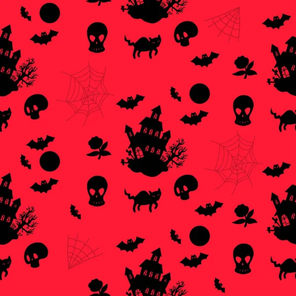万圣节无缝隙图案 恐怖的房子 红色背景 头盖骨 黑猫和蜘蛛网 节庆设计 纺织品的矢量图解 — 图库矢量图片