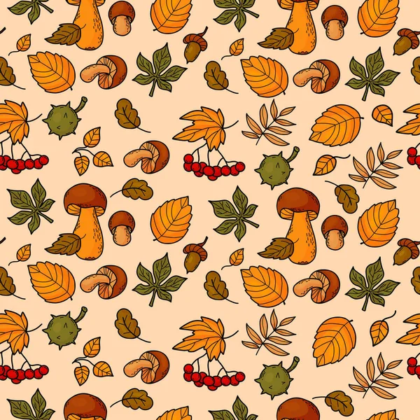 シームレスな秋のパターン フォレストキノコ ベリーは ライトバックにカラフルな落ち葉を持つワン コーン 栗を束ねます ベクトルイラスト 秋の明るい背景 — ストックベクタ