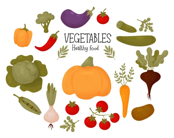 Συλλογή Λαχανικών Υγιεινή Τροφή Νωπές Ντομάτες Κολοκύθα Μελιτζάνα Πιπέρι Μπιζέλια — Διανυσματικό Αρχείο