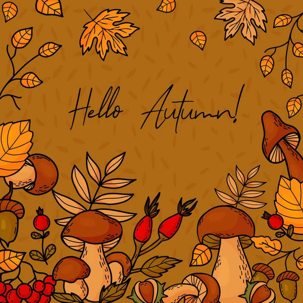Olá Autumn Modelo Banner Quadrado Outono Cinza Montanha Baga Vermelha — Vetor de Stock