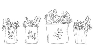 Ürünler, yiyecekler, sebzeler, meyveler ve yağlı Eko poşetleri. Vektör çizimi. Ayrı çizilmiş el çizimleri. Ekoloji konsepti ve geri dönüşüm, market alışverişi ve teslimatı