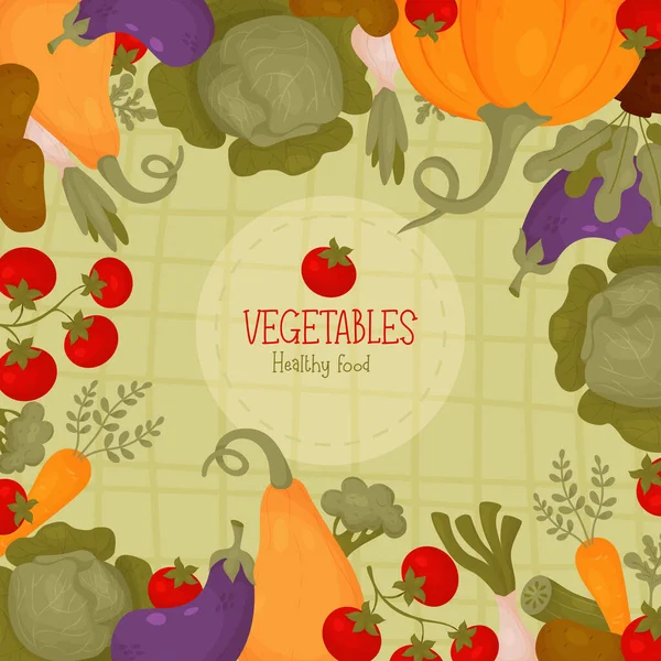 Овощи Квадратный Баннер Здоровой Пищевой Тыквой Помидорами Капустой Морковью Баклажанами — стоковый вектор