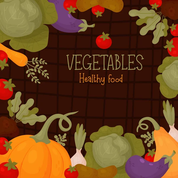 Λαχανικά Υγιεινά Τρόφιμα Τετράγωνο Πανό Κολοκύθα Ντομάτες Λάχανο Καρότα Μελιτζάνες — Διανυσματικό Αρχείο