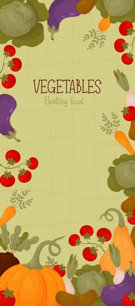 蔬菜健康食品 垂直横幅与南瓜 西红柿 卷心菜 胡萝卜 茄子和洋葱绿色格子背景 矢量图解 用于设计的卡通风格海报模板 — 图库矢量图片