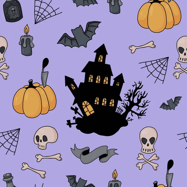 Halloween Strašidelný Bezproblémový Vzor Strašidelný Dům Dýně Lebka Zkřížené Kosti — Stockový vektor