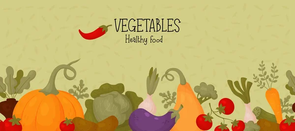 Овощи Здоровое Питание Горизонтальный Баннер Тыквой Помидорами Капустой Морковью Баклажанами — стоковый вектор