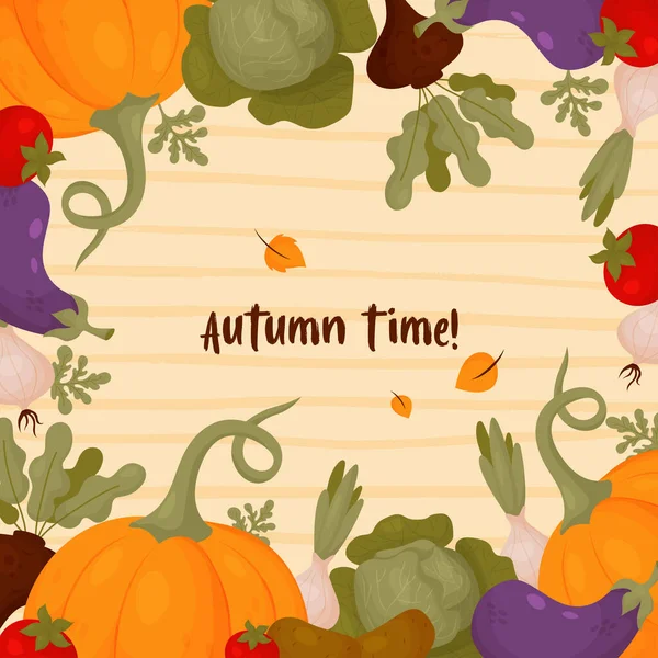 Herbstzeit Quadratische Karte Mit Gemüse Kürbis Tomaten Kohl Karotten Auberginen — Stockvektor