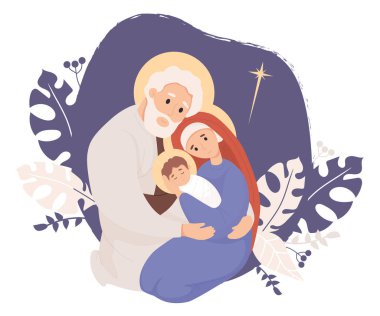 Mutlu noeller. Kutsal Aile. Bakire Meryem, Yusuf ve bebek İsa. Kurtarıcının Doğuşu. Tatil tasarımı, dekor ve kartpostallar için düz stil vektör illüstrasyonu