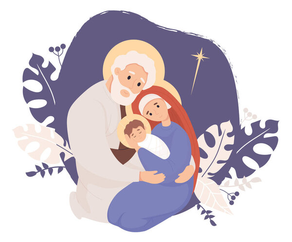 Merry Christmas. Holy Family. Virgin Mary and Joseph and baby Jesus Christ. Birth of Savior. Vector illustration in flat style for holiday design, decor, postcards