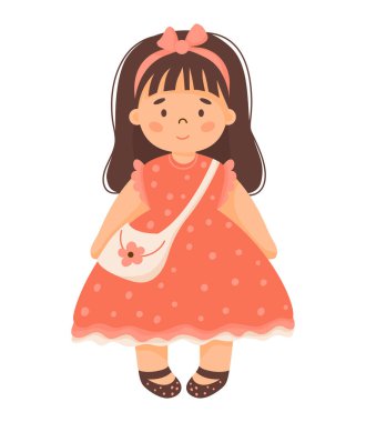Sevimli bebek. Kırmızı elbiseli, uzun saçlı, el çantalı oyuncak kız. Çizgi film tarzında vektör illüstrasyonu. çocuk koleksiyonu
