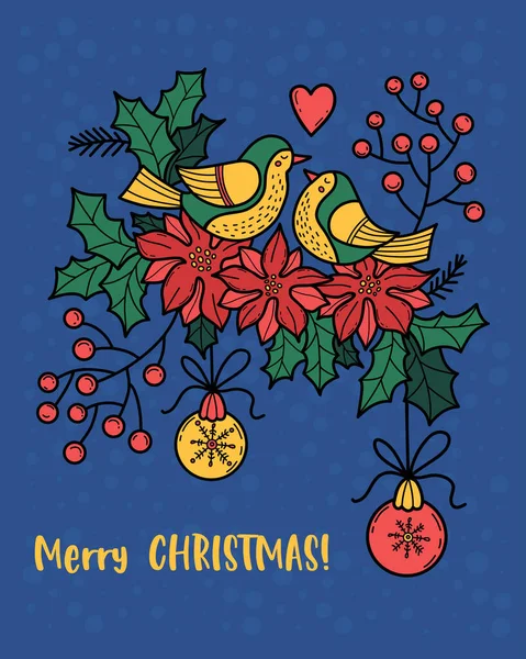 Frohe Weihnachten Romantische Grußkarte Paar Liebesvögel Mit Beeren Weihnachtssternen Stechpalmen — Stockvektor