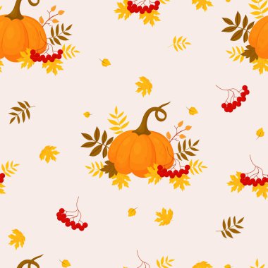 Sonbahar pürüzsüz desen. Arka planda balkabağı olan ve yaprakları dökülen bir grup Rowan. Tasarım, ambalaj, duvar kağıdı ve tekstil için vektör sonbahar çizimi