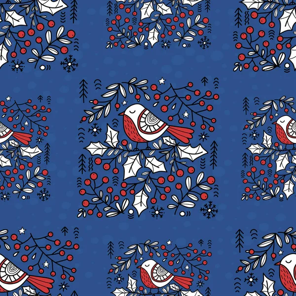 Christmas Folk Art Seamless Pattern Cute Bird Holly Branch Blue — Stock Fotó