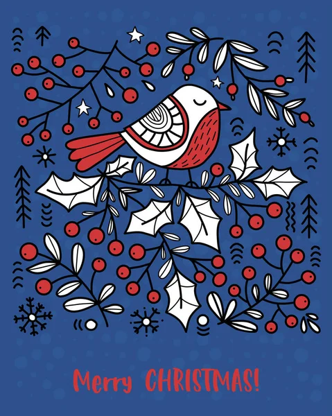 Рождественской Открыткой Народное Искусство Птица Ягодами Холли Голубом Фоне Векторная — стоковый вектор