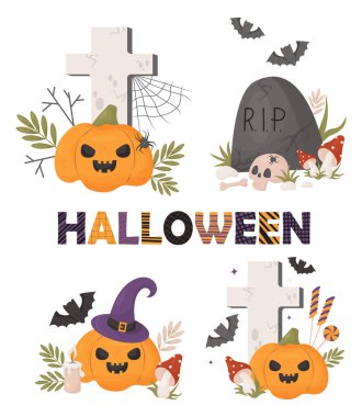 Cadılar Bayramı Koleksiyonu. Cadı şapkalı şirin balkabağı Jack 'i sinek, mezarlık, haç, yarasalı mezar taşı ve tatlı şekerlemelerle. Çizgi film tarzında vektör illüstrasyonu. Beyaz üzerine münferit şenlik korkusu