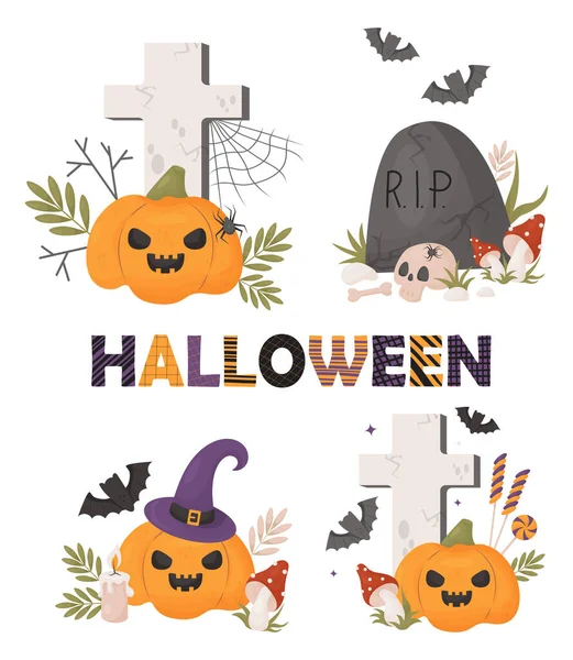 Halloween Collection Roztomilý Dýňový Jack Čarodějnickém Klobouku Muškařskou Agarikou Hřbitov — Stockový vektor