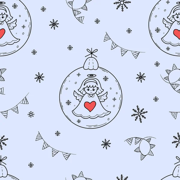 无缝隙新年图案与圣诞球与可爱的天使蓝色背景与花环和雪花 矢量图解 手绘草图 可爱的圣诞儿童系列 — 图库矢量图片