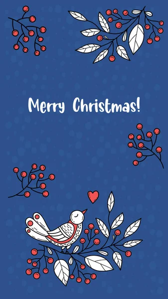 民间圣诞横幅模板与浪漫的鸟在树枝上 浆果蓝色背景 圣诞节及新年装饰的矢量垂直假日图解 — 图库矢量图片