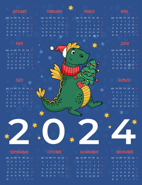 2024 annual calendar Cute dragon with Christmas tree on blue background. Vector vertical template 12 months in English. Week on Monday. 2024 year dragon according to eastern calendar. Stationery