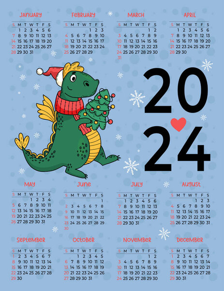 2024 annual calendar Cute dragon with Christmas tree on blue background. Vector vertical template 12 months in English. Week on Sunday. 2024 year dragon according to eastern calendar. Stationery