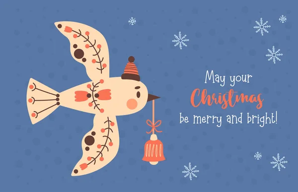 Carte Noël Avec Oiseau Décoratif Mignon Dans Chapeau Avec Jouet — Image vectorielle