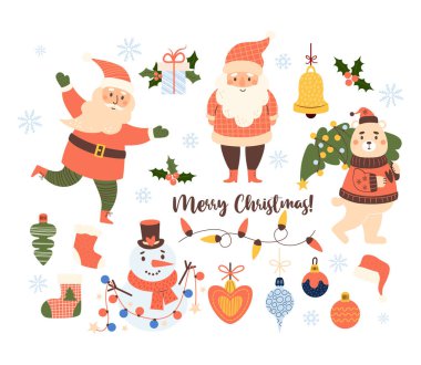 Noel karikatür koleksiyonu. Yeni yıl karakterleri, Noel Baba, ağaçlı ayı, çelenkli kardan adam, çorap, oyuncak ve zil. Vektör çizimi. Tasarım için izole tatil unsurları