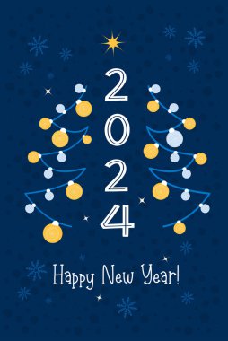 Yeni yıl kartı 2024. Noel ağacı, mavi arka planda sarı ve mavi toplar ve kar taneleri. Minimalist moda tarzında vektör dikey illüstrasyonu