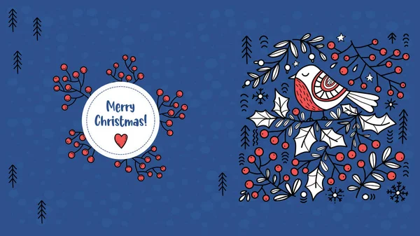 メリークリスマスバナー ブルーバックのホリー Xmasベリーとフォークアートバード 手描きスタイルのベクトル横イラスト クリスマスと新年の装飾のためのスカンジナビア民俗デザイン — ストックベクタ