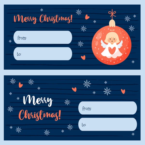 Frohe Weihnachten Geschenkkarten Tag Weihnachtskugel Mit Engelsmädchen Weihnachtspostkarte Vektorillustration Niedliche — Stockvektor