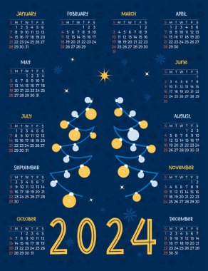 2024 yıllık takvim. Mavi arka planda sarı ve mavi topları olan modern minimalizm Noel ağacı. 12 aylık İngilizce vektör dikey şablonu. Pazar günü hafta sonu. Kırtasiye
