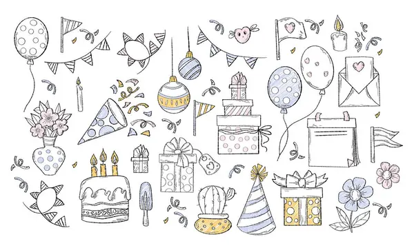 Collection holiday Birthday and Christmas, valentine doodles. Hand drawn party decoration, gift box, bouquet, balloons, cake with candles and garland. Vector illustration isolated party sketches