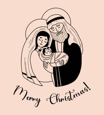 Kutsal Aile. Mutlu noeller. Bakire Meryem, Yusuf ve bebek İsa. Kurtarıcı İsa 'nın doğumu. Tatil tasarımı, dekor ve kartpostallar için el çizimi çizimi biçimindeki vektör illüstrasyonu