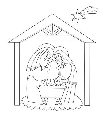 Christmas Holy Family. Cute Virgin Mary, saint Joseph and baby Jesus. Birth of Savior Christ. Vector illustration. outline hand drawing doodle for Xmas holiday design