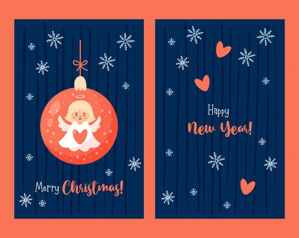クリスマスポストカード かわいい漫画のエンジェルガールと赤いボール ベクトルイラスト クリスマス 新年のデザイン 休日の垂直挨拶カード かわいいキッズコレクション — ストックベクタ