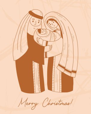 Merry Christmas. Holy Family. Virgin Mary, saint Joseph and baby Jesus. Birth of Savior Christ. Vector illustration in hand drawing doodle style for Xmas holiday design, decor, postcards