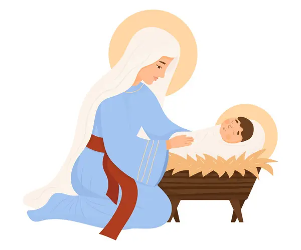 Χριστούγεννα Χαριτωμένη Παρθένος Μαρία Και Μωρό Ιησούς Χριστός Στη Φάτνη — Διανυσματικό Αρχείο