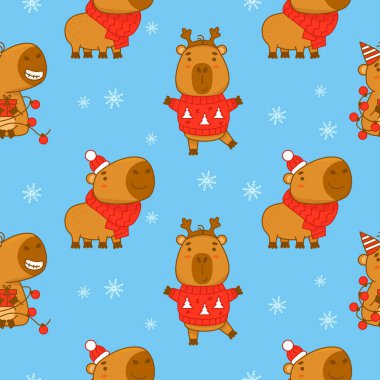 Mavi arka planda kar taneleriyle şirin bir kış kapibarası olan kusursuz bir Noel deseni. Yeni yıl şenlik tasarımı için vektör çizimi, duvar kağıdı, ambalaj, tekstil. çocuk koleksiyonu