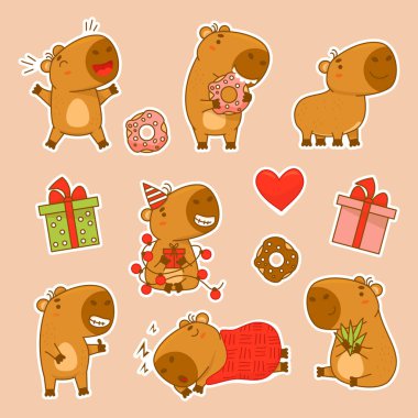 Koleksiyon etiketleri tatlı kapibaralar, donut ve çelenk, hediye, doğum günü ve uyku kapibara. Vektör çizimi. Tasarım için komik hayvan karakteri, çocuk koleksiyonu.