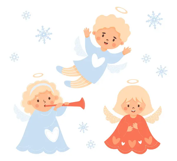 Kleine Weihnachtsengel Netter Blonder Junge Und Mädchen Mit Trompete Vektorillustration — Stockvektor