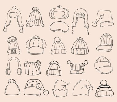 Koleksiyon kış örgü şapkalar. İzole edilmiş başlık çizimleri. Vektör illüstrasyonu