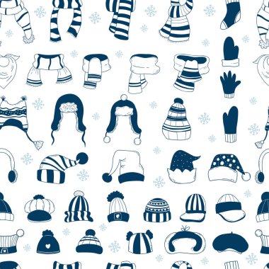 Giysileri ve aksesuarları kusursuz. Beyaz arka planda örülmüş şallar, şapkalar, çoraplar ve eldivenler. Vektör İllüstrasyonu. Duvar kağıdı, tasarım, tekstil, ambalaj için el çizimi