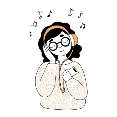 Kulaklıklı kız müzik dinliyor. Elle çizilmiş vektör çizimi. Podcast ve hobi kavramı karakteri 